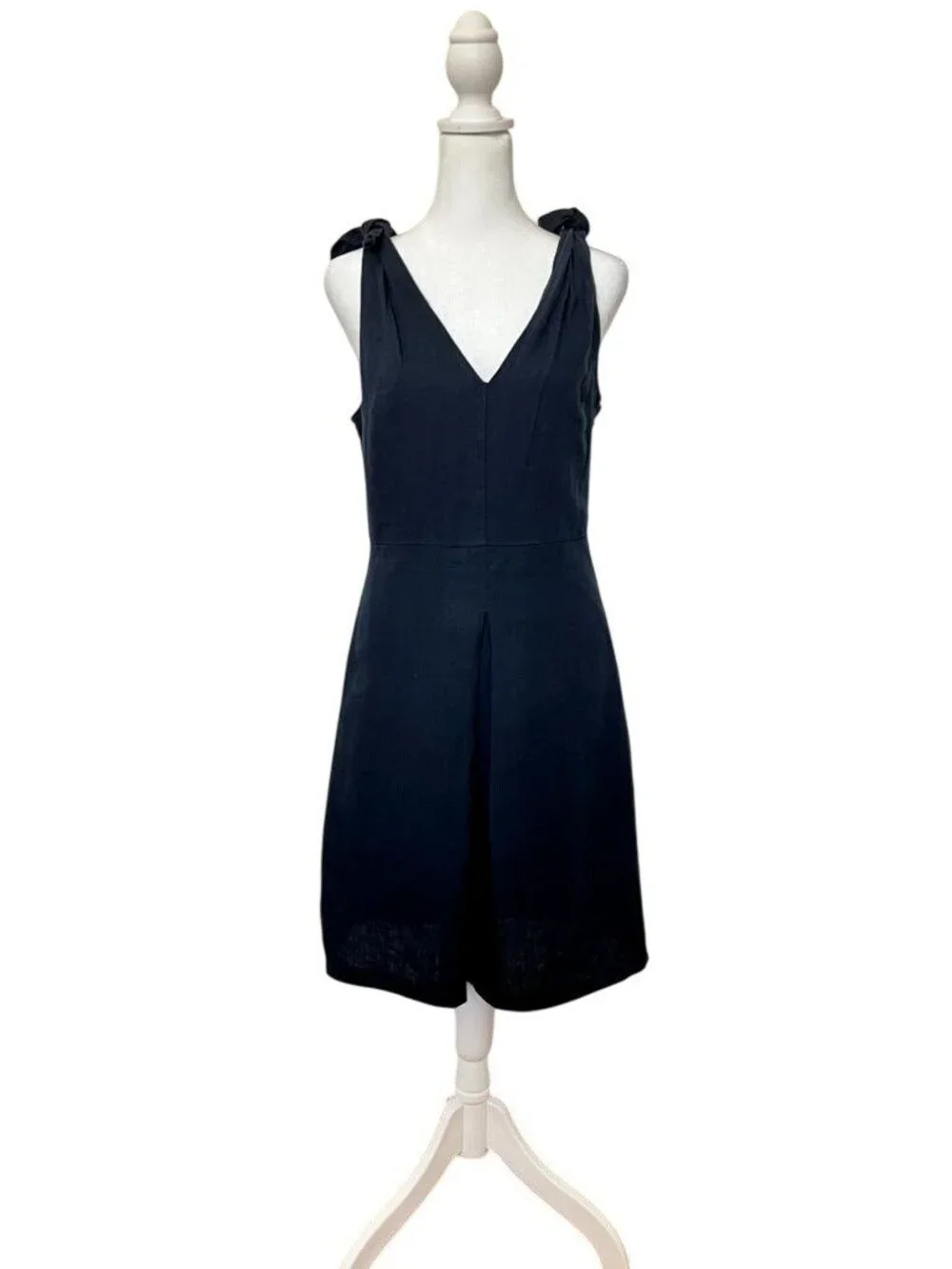 Classic Linen Sleeveless Navy Midi Dress V-Neckline Chic Twee Minimalist Sz 8 - Picture 2 of 16